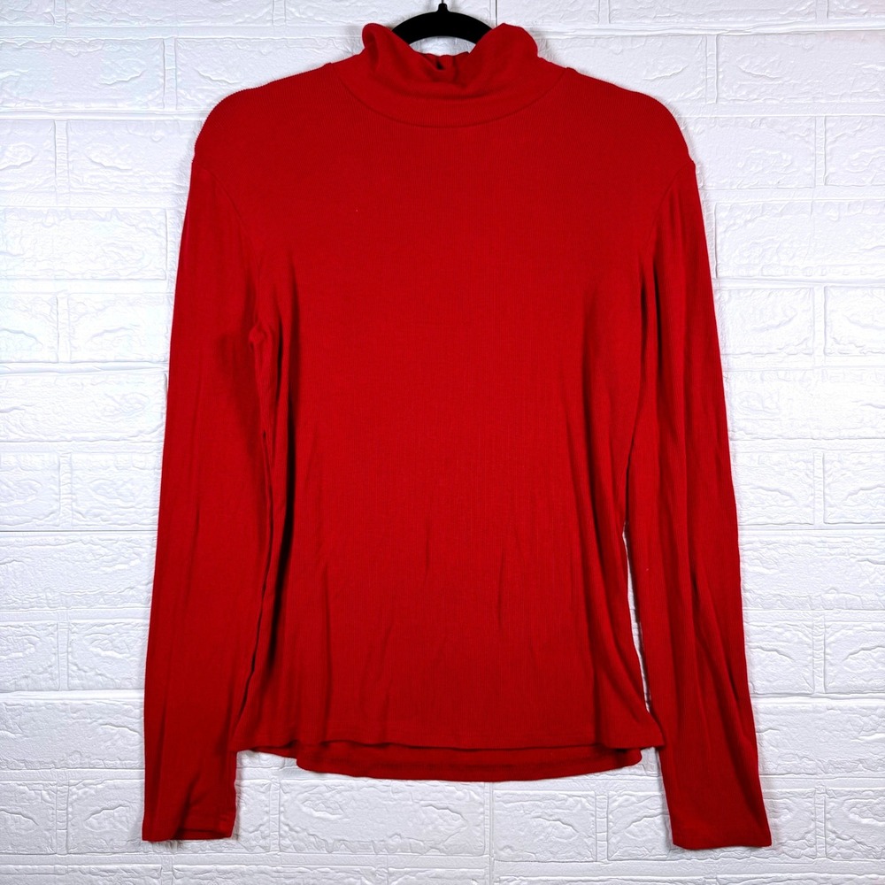 Turtleneck Top Womens Small Red Ribbed Long Sleeve Mock Neck